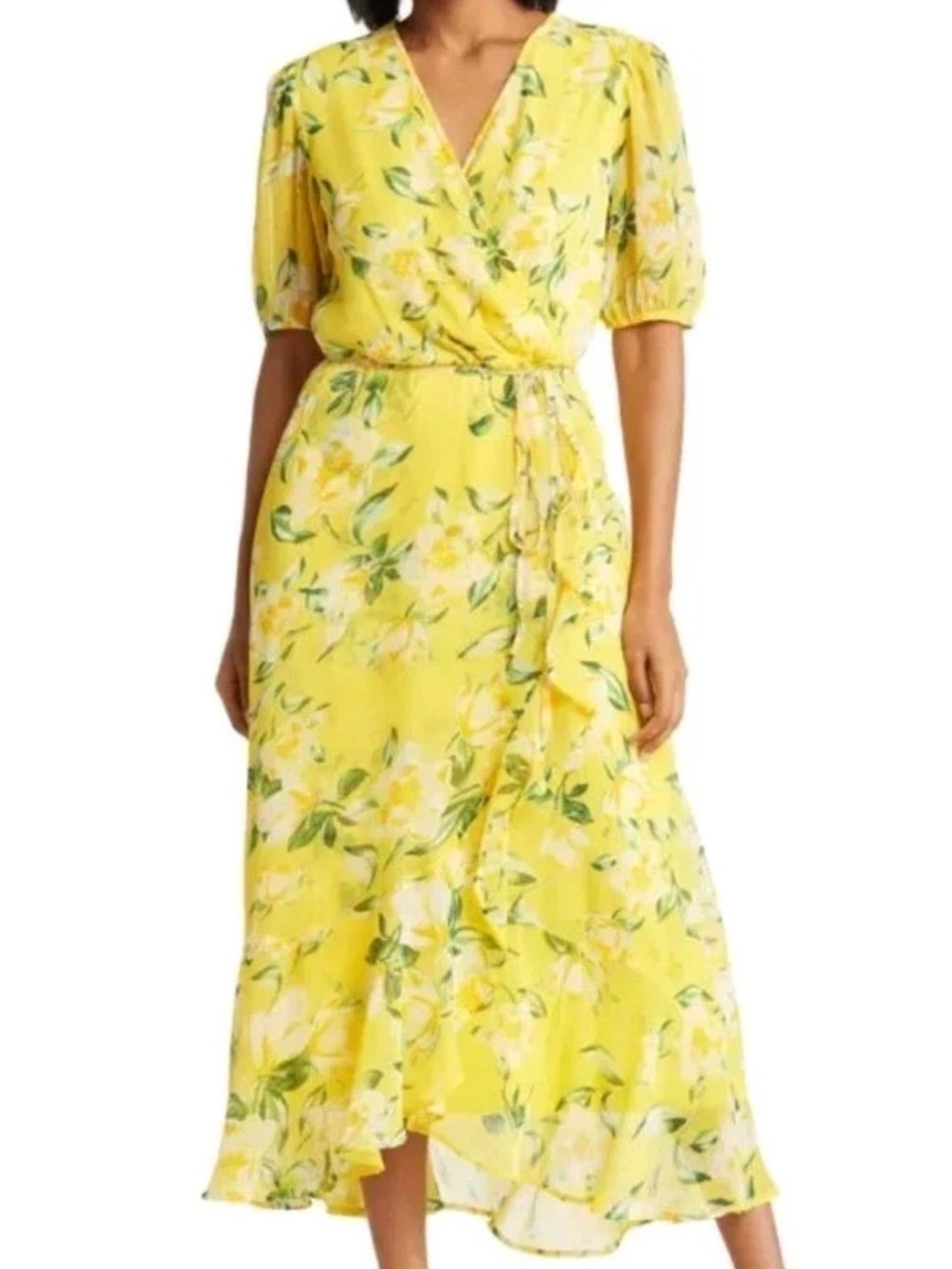 Hallow & Rose Yellow Floral Wrap Midi Dress Size Small Puff Sleeve Ruffle Hem